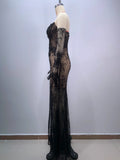 Fashion Gloves Sexy Mesh See Through Black Lace Strapless Midi Calf Dress Birthday Party Evening Dress Celebrity Party Dress
