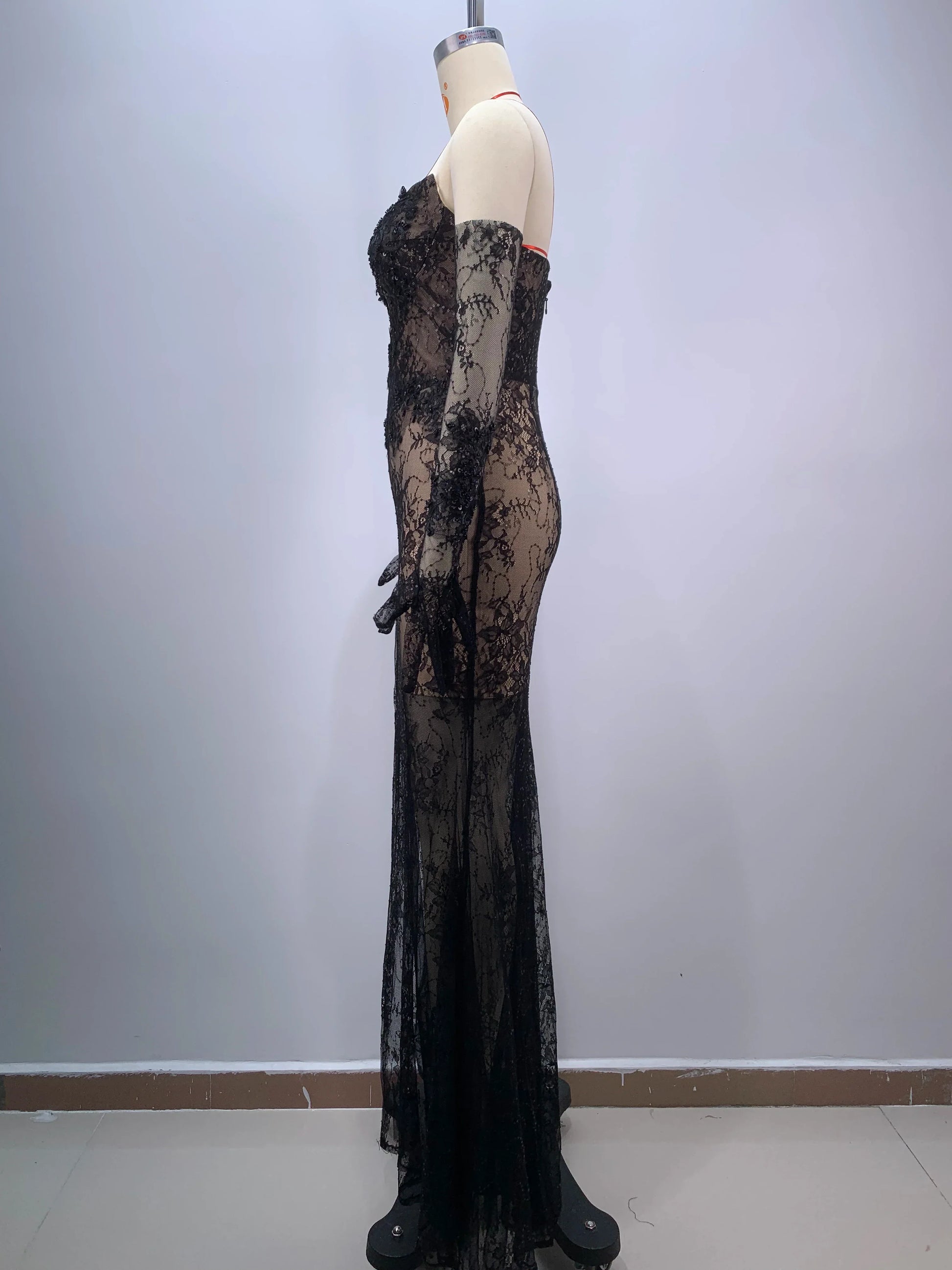 Fashion Gloves Sexy Mesh See Through Black Lace Strapless Midi Calf Dress Birthday Party Evening Dress Celebrity Party Dress
