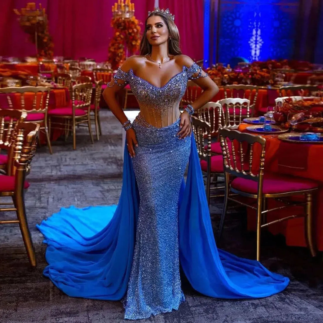 Dubai Arabic Blue Mermaid Evening Dresses with Shawl Cape Off Shoulder Glitter Beads Prom Dress فساتين السهرة vestidos de fiesta Blue