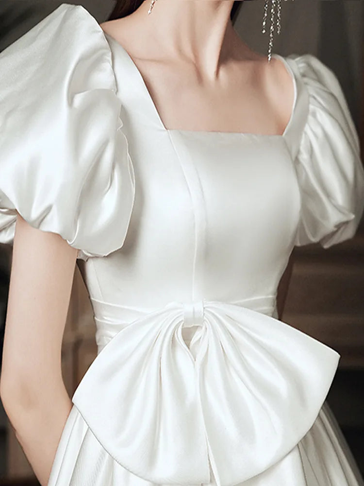 White Satin Wedding Dresses for Bride Elegant Puff Sleeve Retro Hepburn Palace Princess Dress Summer Women Long Formal Dress