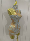 Luxury Sparkly Crystals See Through Mini Dress Women Celebrate Birthday Party Gowns Singer Performance Stretch Stage Costume
