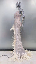 Gorgeous Feathers Beading Sequins High Slit Strapless Floor Length Dress Woman Birthday Party Vestido Stage Performance Costume