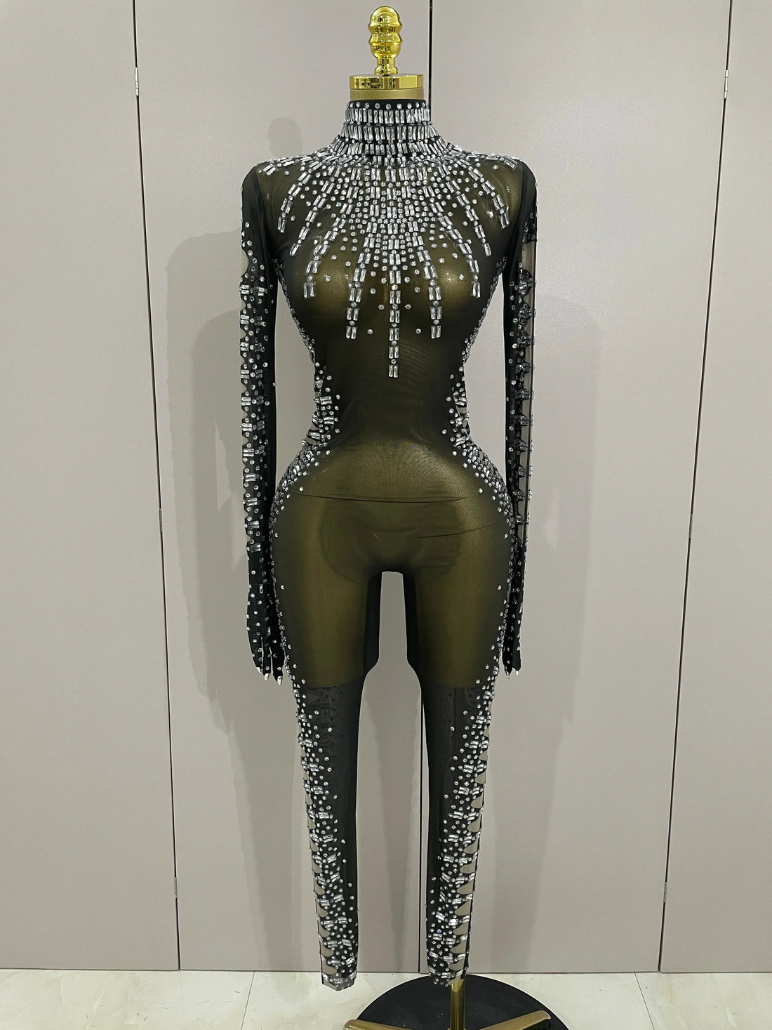 Sexy Sparkly Crystals Black Mesh Jumpsuit With Gloves Women Celebrate Birthday Party NightClub Singer Dance Stage Costumes black