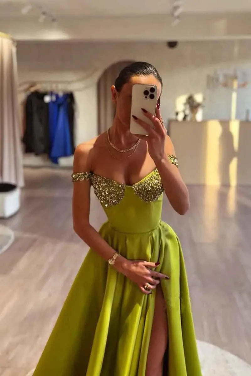 Rhinestone Beaded Prom Dresses Off Shoulder A Line Front Slit V Neckline Front Slit A Line Sweep Train Evening Gown Formal Party olive green