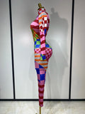 Colorful Printed Sparkly Rhinestones Jumpsuit Women Sexy Long Sleeve Performance Dance Costume Stage Evening Party Club Outfit