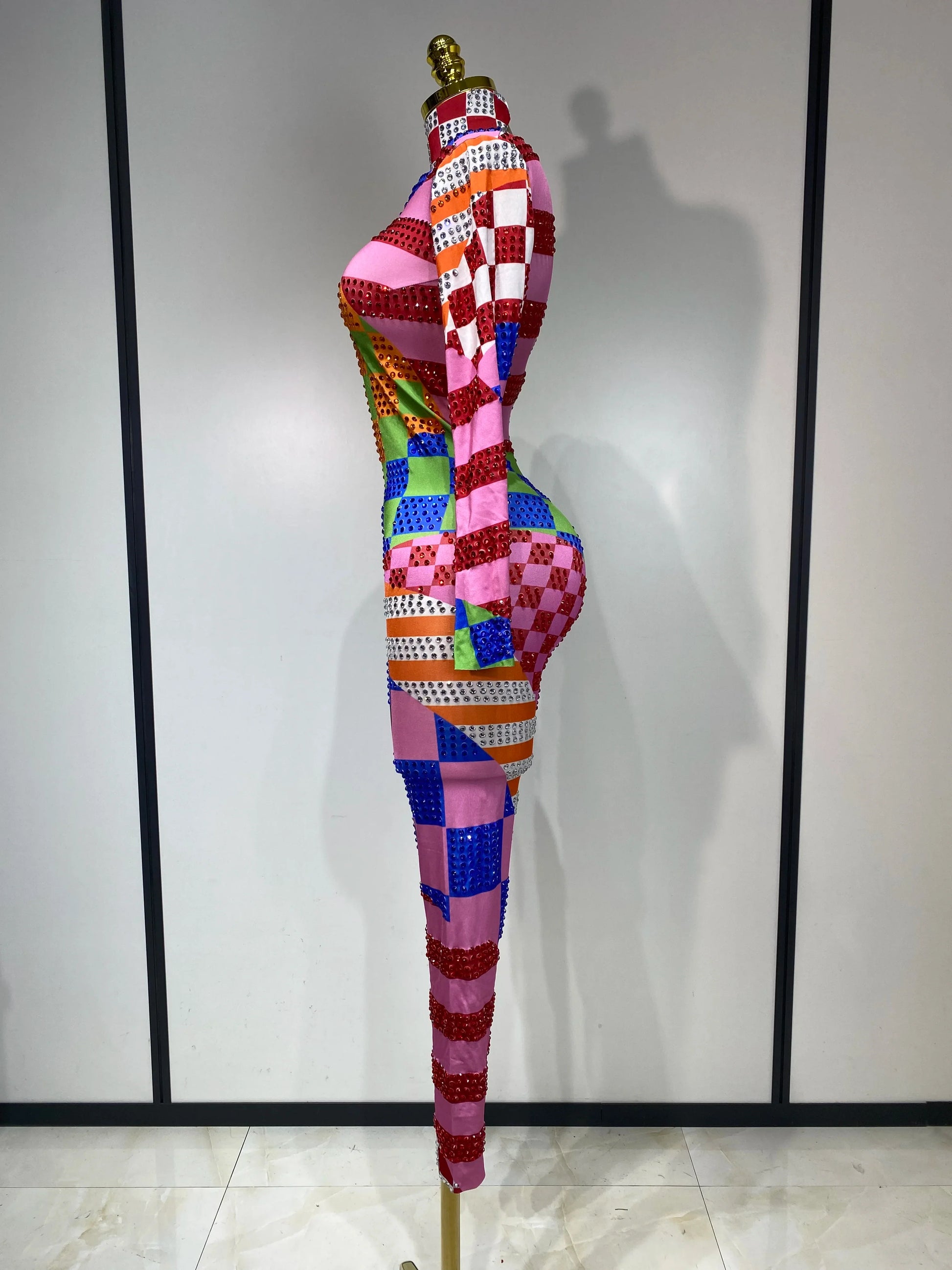 Colorful Printed Sparkly Rhinestones Jumpsuit Women Sexy Long Sleeve Performance Dance Costume Stage Evening Party Club Outfit