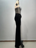 Luxury Diamonds Sexy Mesh See Through Black Velvet Strapless Floor Length Dress Celebrity Party Dress Birthday Vestido