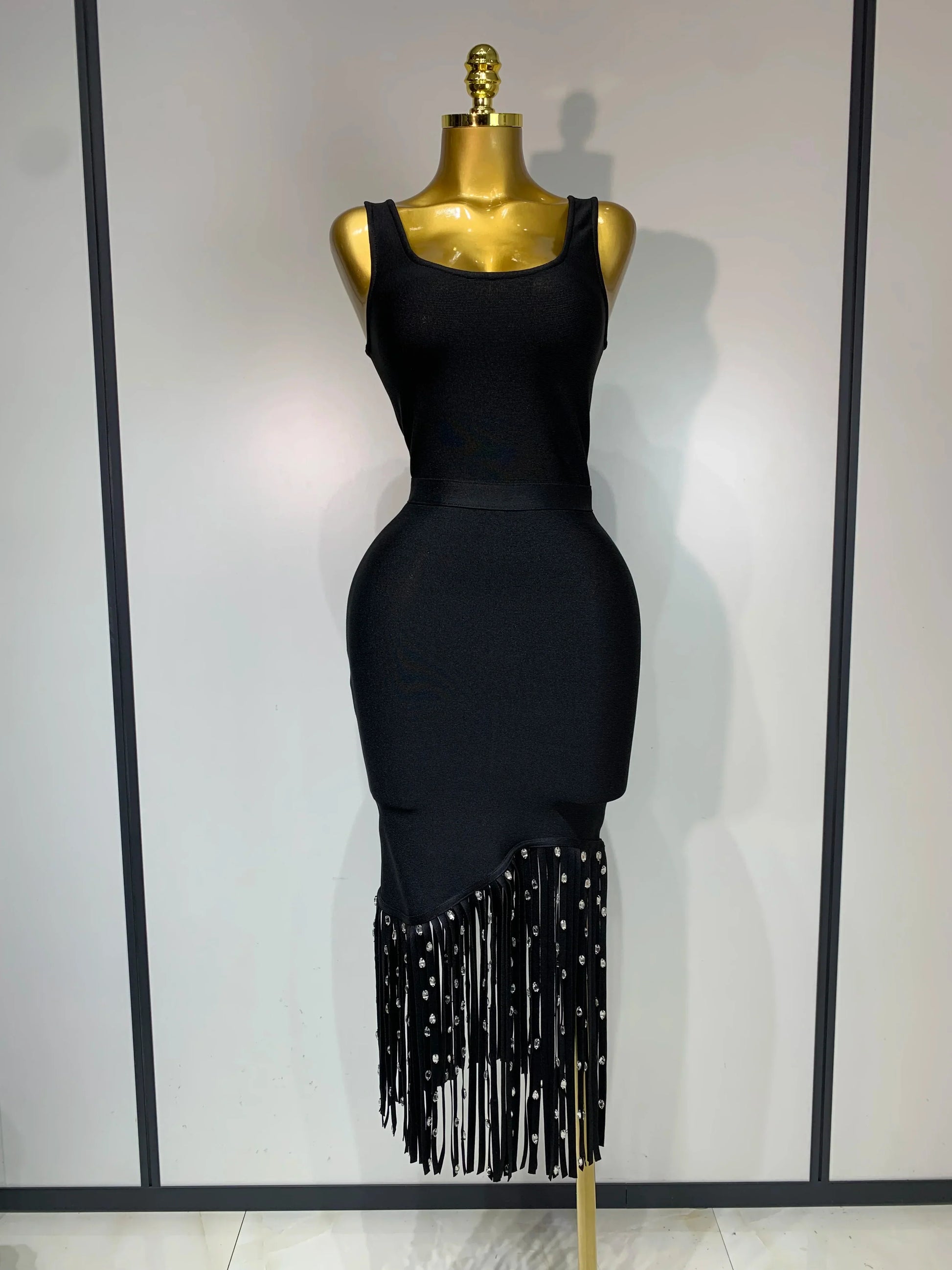 Fashion Crystal Tassel Temperament Suspender Bodycon Bandage Dress Sexy Midi Evening Party Birthday Dresses Vestidos black