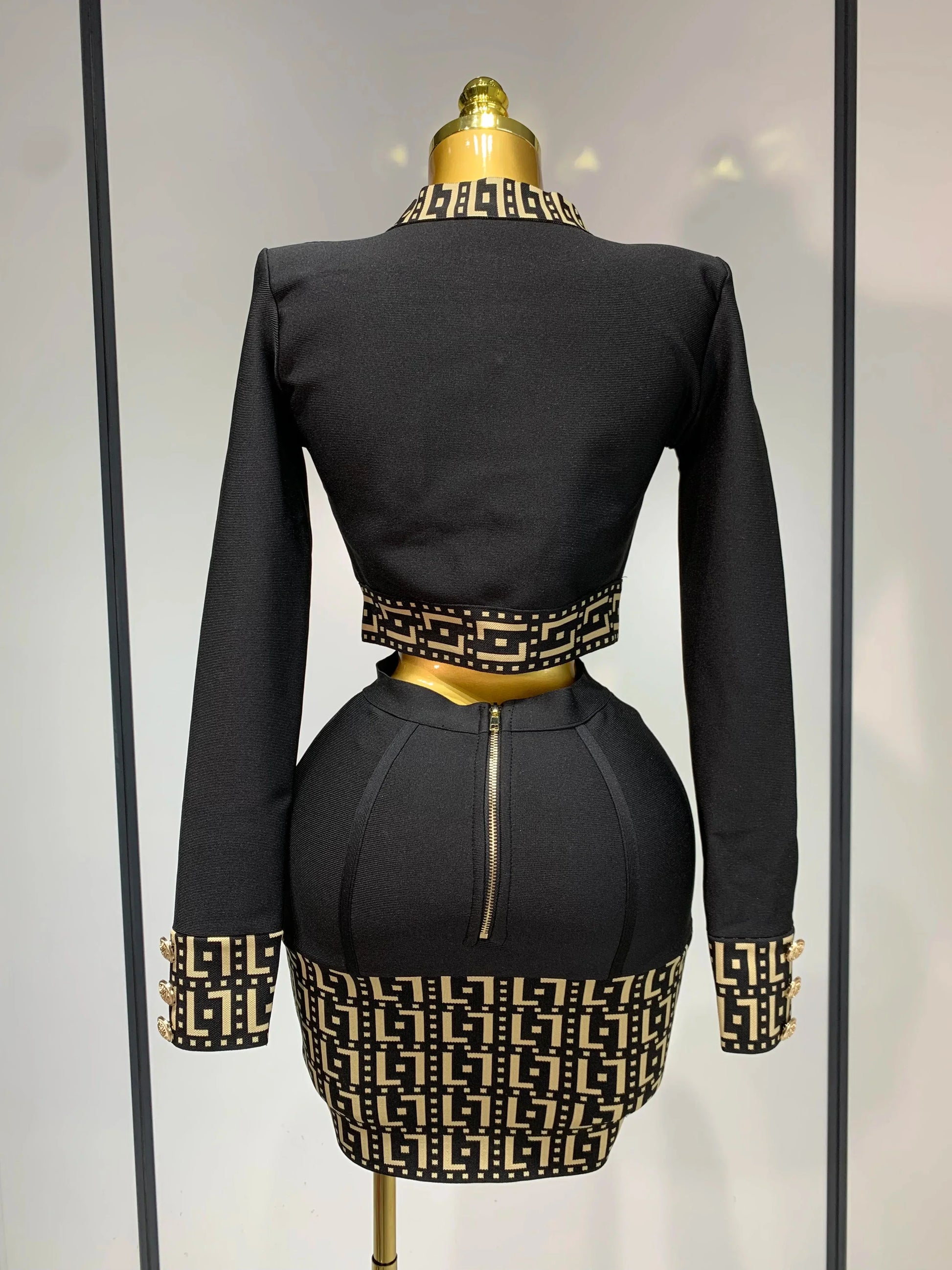 Women Black Long Sleeves Two Pieces Bandage Set Bottons Top Bodycon Mini Skirt Suit Evening Party Luxury Birthday Women's Outfit