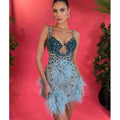 Luxury Feather Dazzling Diamonds Sexy Mesh See Through Light Blue Mini Dress Celebrity Birthday Party Dress Performance Costume