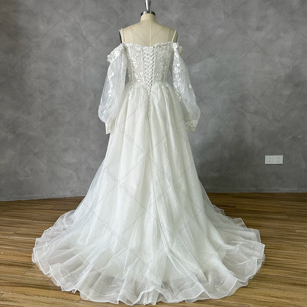 DREAM Off Shoulder Lace Glitter Tulle Wedding Dresses Long Puff Sleeve 3D Flowers Boho Bride Gown Vestidos De Novia