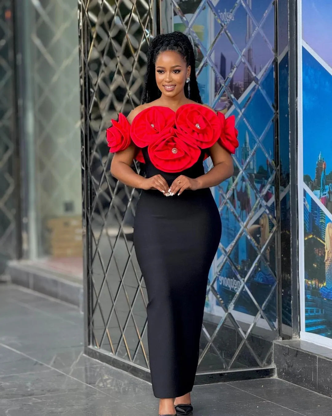 3 Colors Stereoscopic Flowers Sexy Off The Shoulder Ankle Lenght Bandage Dress Woman Birthday Party Vestido Wedding Party Outfit Rose Red