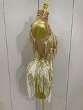 Women Sexy Stretch Mesh Sparkly Rhinestone Tassels Mini Dress Nightclub Singer Dance Stage Costume Evening Gowns