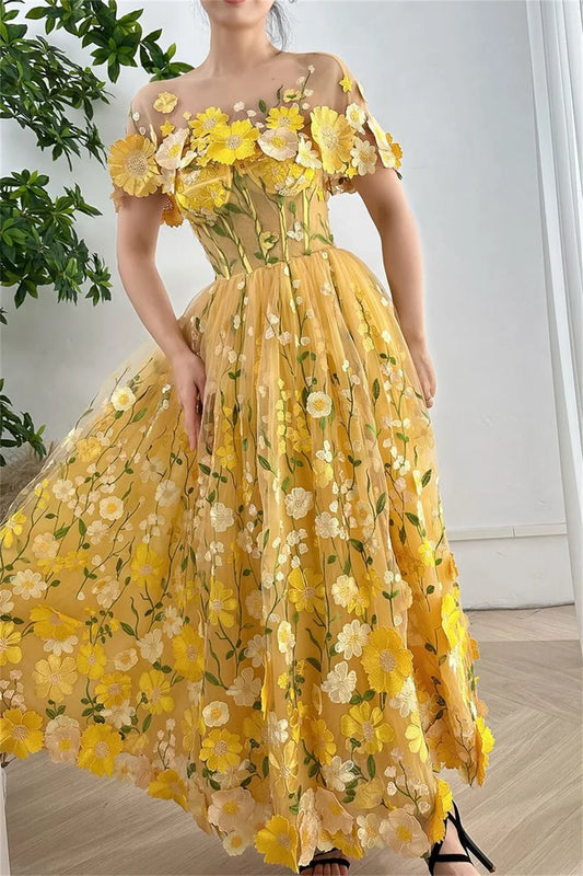 Vestidos de graduación con apliques de flores amarillas, corte en A, فساتين السهرة, chal desmontable elegante, hasta el tobillo, vestidos de verano moda