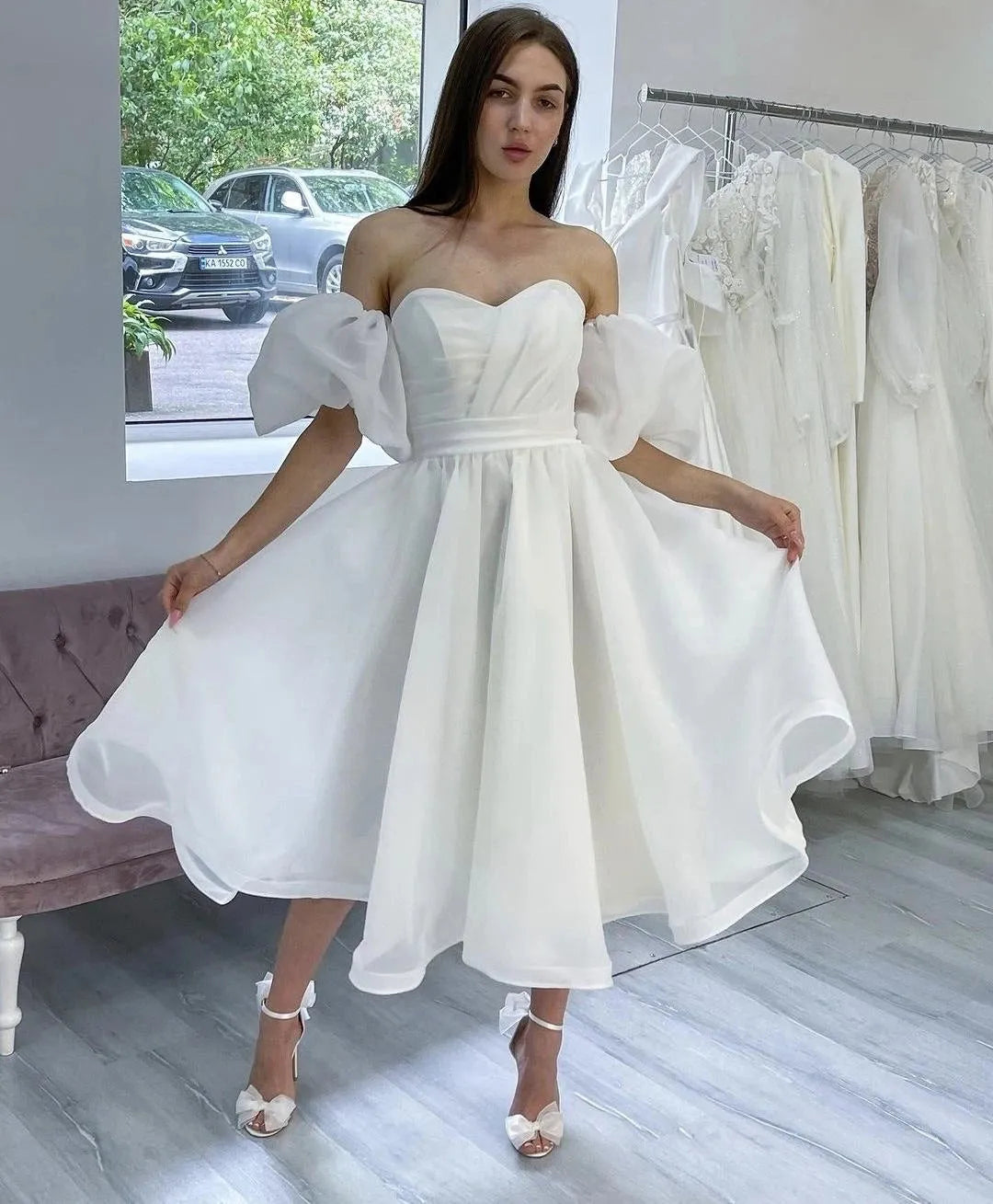 Short Puff Sleeve Wedding Dress Organza Knee Length Bridal Gowns Simple Beach Ivory Corset Back Robe De Mariee Customize Measure 14w