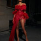 Sexy See Thru Red Prom Dresses with Sleeve Gloves Mini length Ruffled Tulle Night Club Party Dress Spaghetti Chic Cocktail Dress