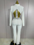 Sexy Cut Out Long Sleeve Beading Bodycon Two Pieces Pants Bandage Set Women Celebrity Designer Fashion Women Luxury Birthday Set