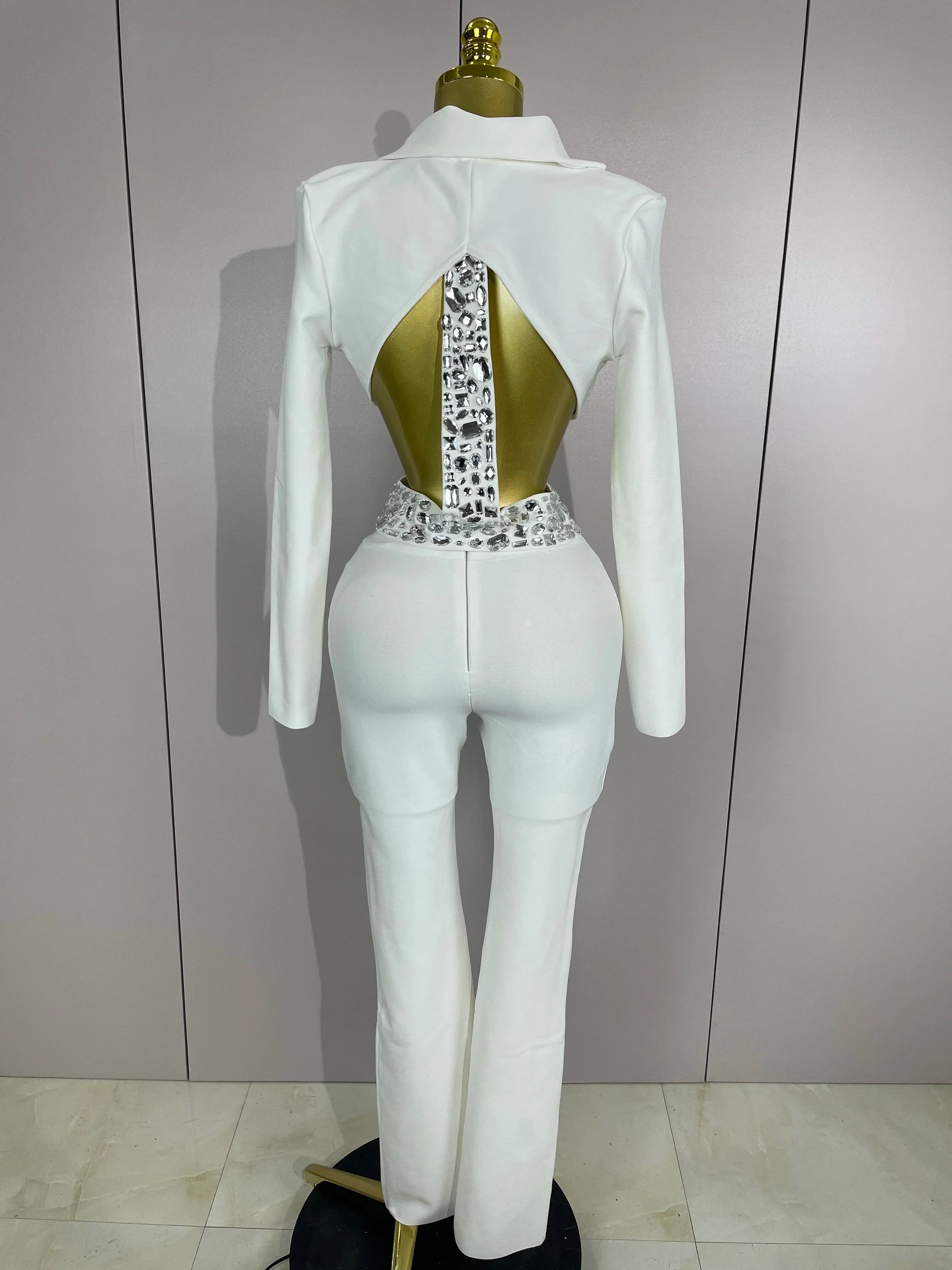 Sexy Cut Out Long Sleeve Beading Bodycon Two Pieces Pants Bandage Set Women Celebrity Designer Fashion Women Luxury Birthday Set
