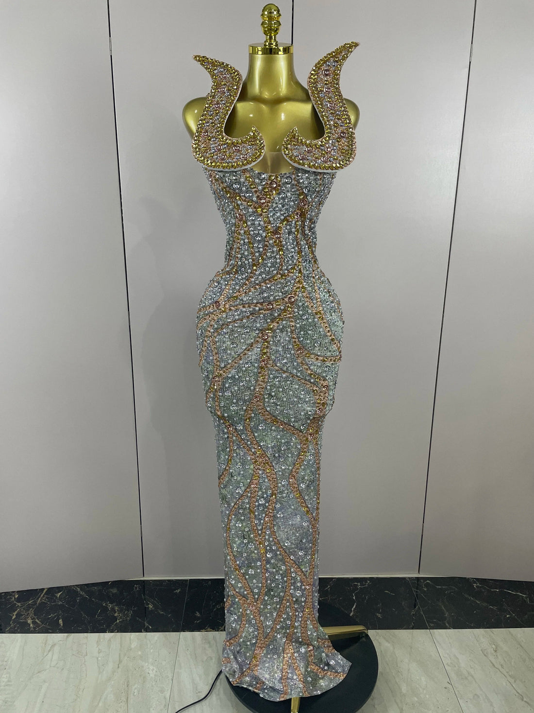 Luxury Crystals Diamonds Slit elegant Sheath Fishtail Dress Women Sexy Evening Party Performance Photoshoot Stage Dress MULTI