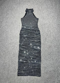 Halter Neck Backless Diamonds Long Dress For Women Sleeveless Folds Slim Formal Elegant Celebrity Cocktail Party Gown Vestido black