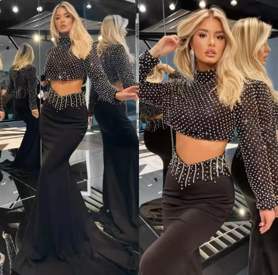 Women Long Sleeve Sexy Beading Tops 2 Pieces Bodycon Bandage Skirt Set Elegant Evening Party Celebrate Outfit