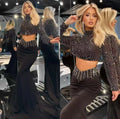 Women Long Sleeve Sexy Beading Tops 2 Pieces Bodycon Bandage Skirt Set Elegant Evening Party Celebrate Outfit