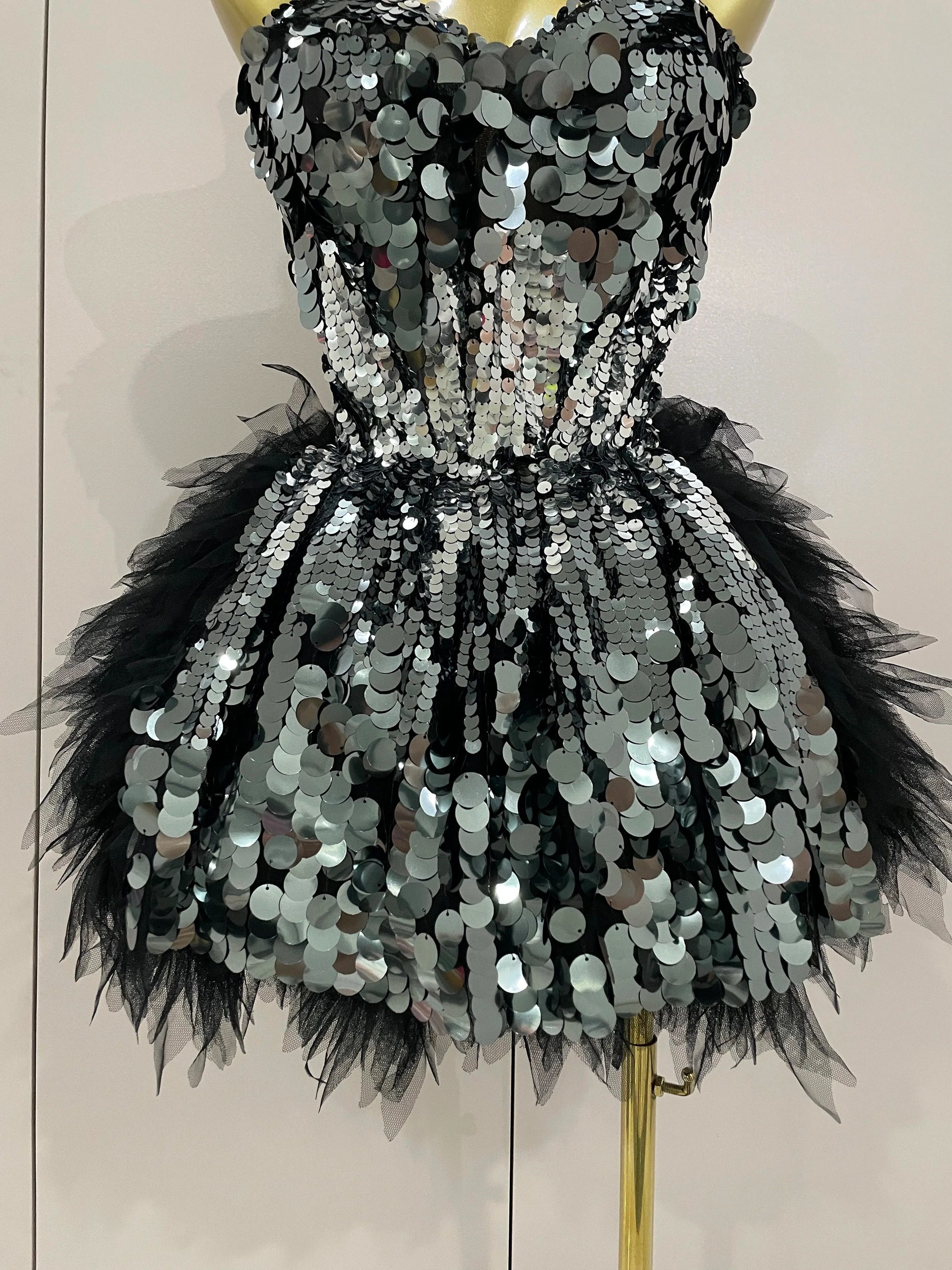 Sparkly Black Sequins Two Pieces Set Women Party Evening Prom Celebrate Birthday Dress Nightclub Photo Shoot Stage Costume