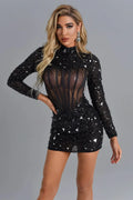 Black Color Fashionable Rivet Shining Sequins Sexy Mesh See Through Bodycon Mini Dress Cool Sexy Woman Party Vestido Club Outfit