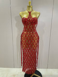 Sexy Sparkly Gold Rhinestones Sleeveless Mesh Two Piece Long Dress Women Birthday Party Celebrate Prom Stage Costume Red