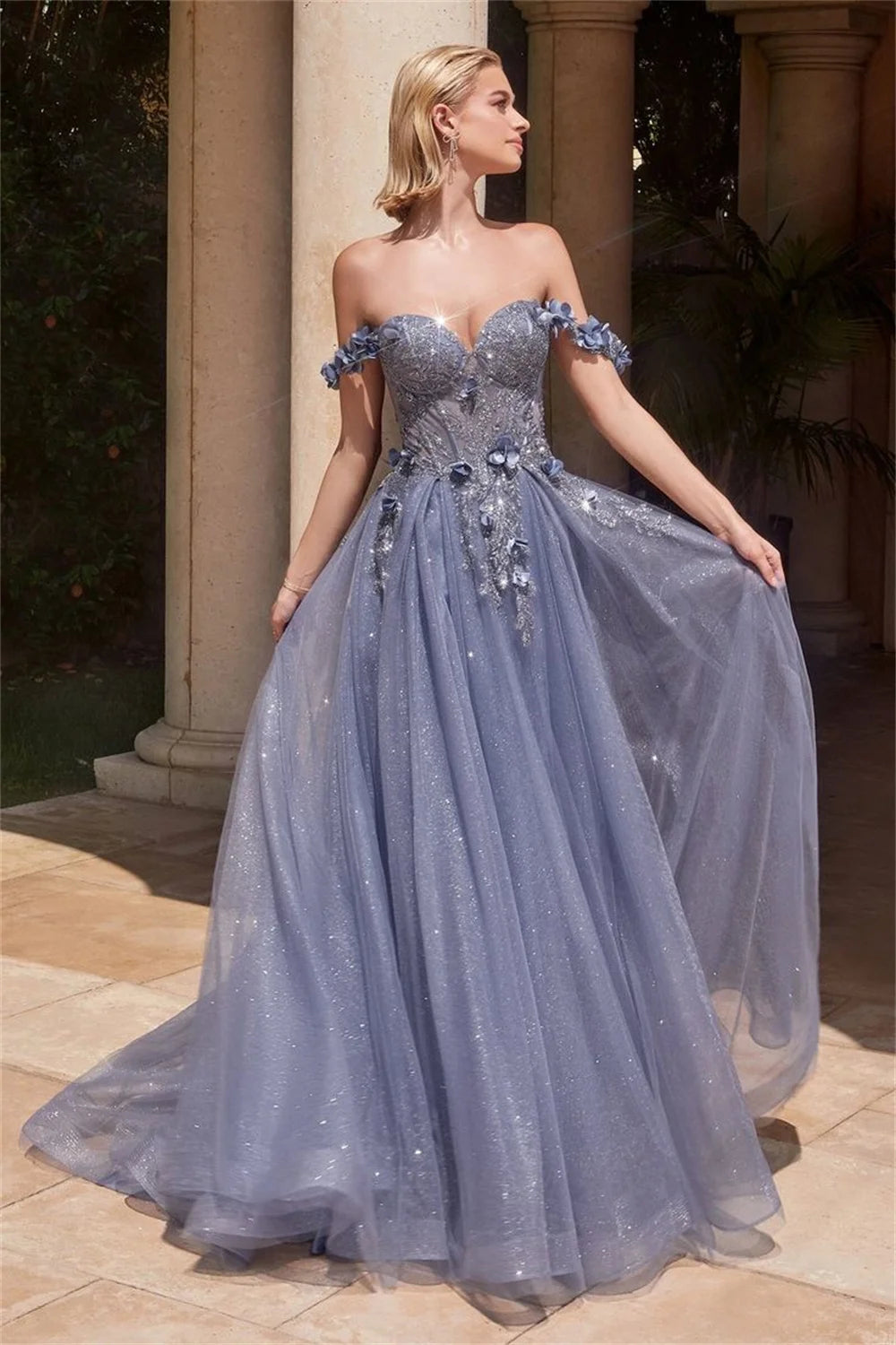 Off Shoulder A-line Tulle Fabric Prom Dress 3D Lace Embroidery Vestidos De Novia Elegant Heart Shaped Neck robes de soirée