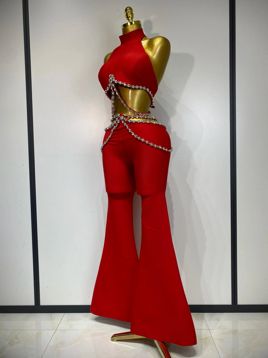 Women Luxury Rhinestone Red Sexy Cut Out Two Piece Pants Bandage Set Celebrity Designer Fashion Women's Set Stage Outfit Rose Red