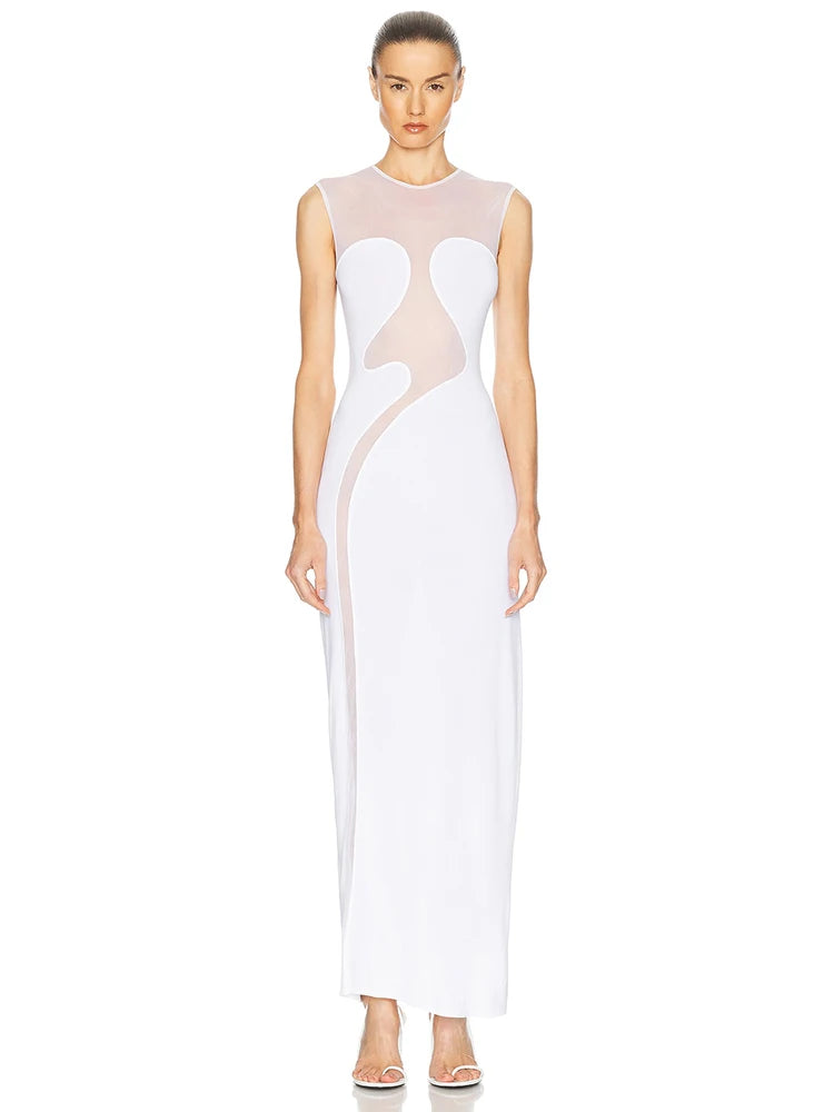 Cool Fashion Black White Sheer Mesh Sleeveless O-Neck Ankle Dress for Party Date Night Evening Gown WHITE