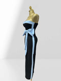 Graceful Bow Sleeveless Strapless Sheath Black Bandage Ankle Lengh Dress Woman Party Vestido Celebrity Cocktail Outfit