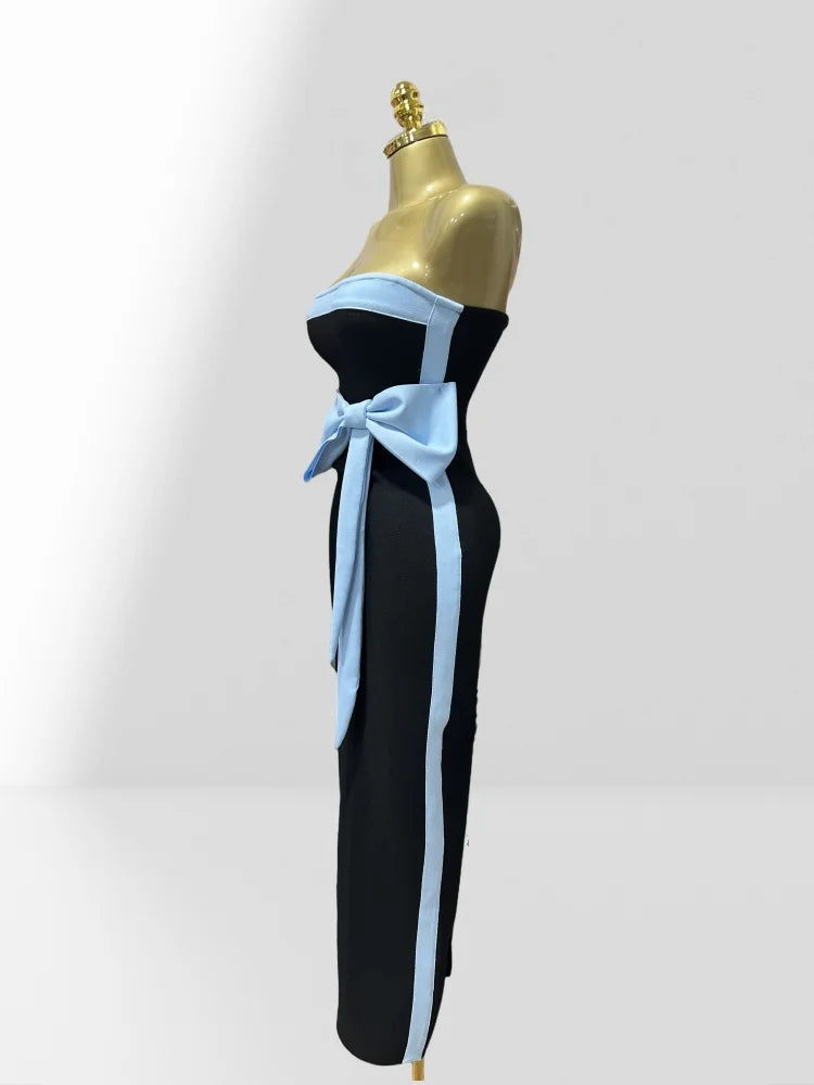 Graceful Bow Sleeveless Strapless Sheath Black Bandage Ankle Lengh Dress Woman Party Vestido Celebrity Cocktail Outfit
