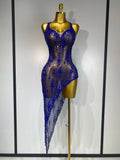 Women Sexy Luxury Birthday Prom Gowns Sparkly Diamond See Through Mesh Stretch Asymmetrical Dress Celebrity Elegant Stage Outfit Blue