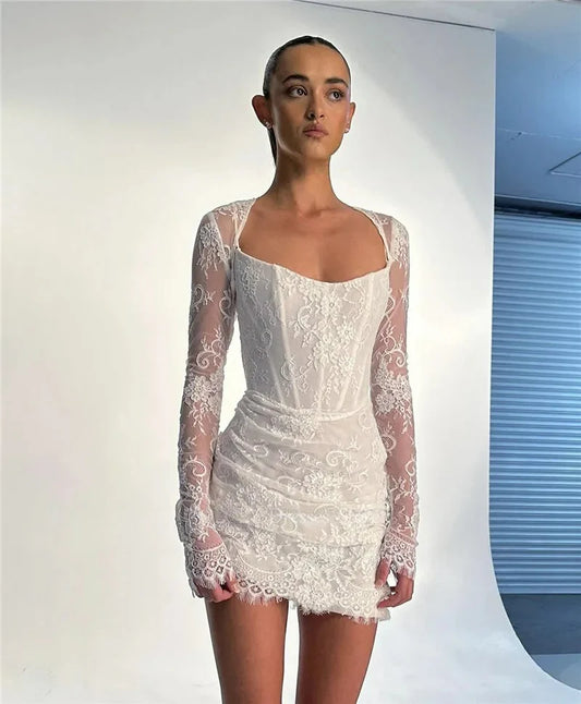 Robe de mariée courte en dentelle, Sexy, avec veste, manches longues, désossage, Mini Robe de mariée, Robe de soirée