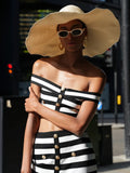 Stylish Black & White Color Block Off-Shoulder Striped Ensemble with Button Midi Dress Suit for Date Night Glam Gown