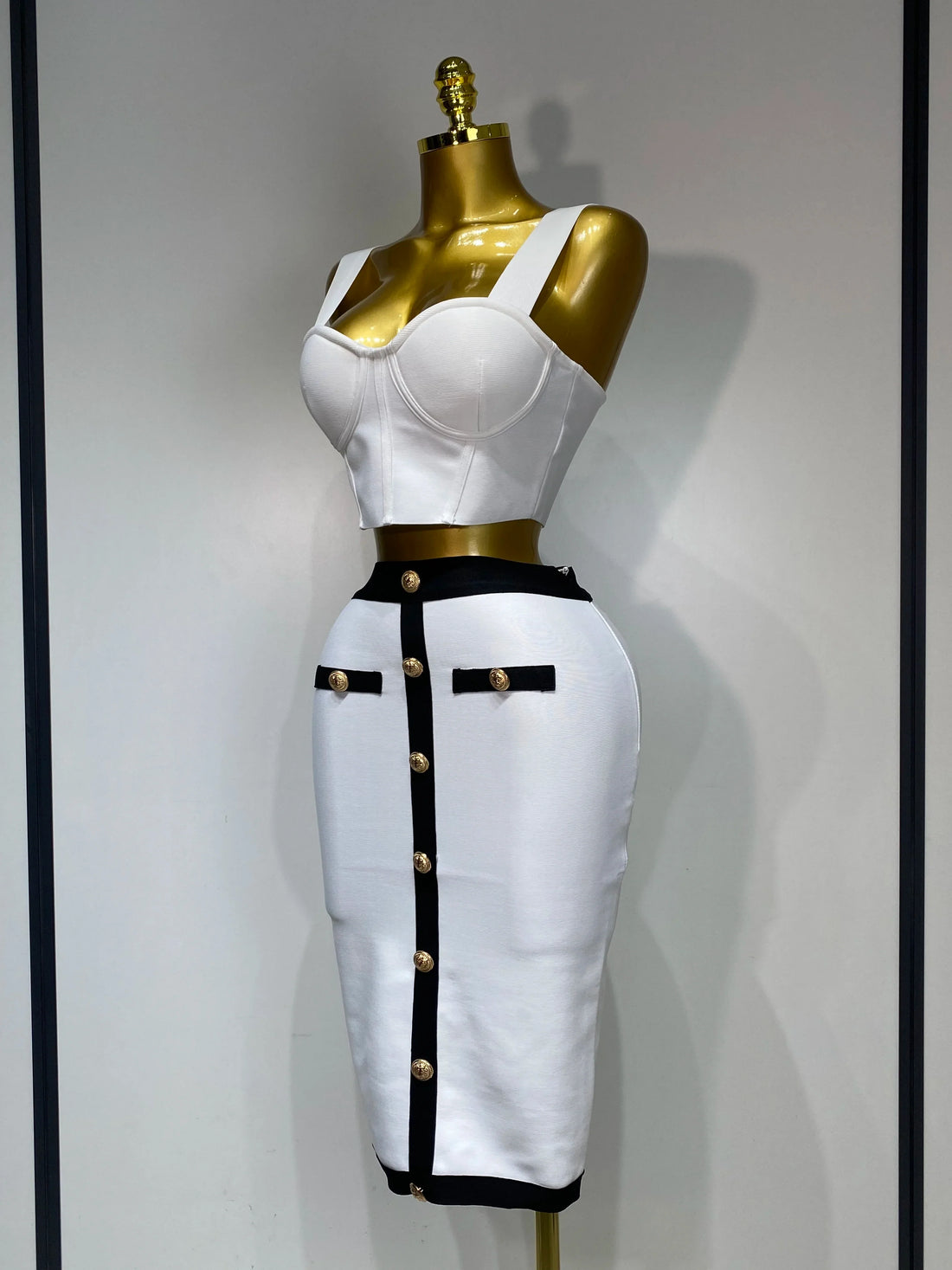 Women Button Patchwork White Black Bodycon Bandage Two Piece Set Designer High Waist Party Club Skirt Set WHITE