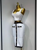 Women Button Patchwork White Black Bodycon Bandage Two Piece Set Designer High Waist Party Club Skirt Set