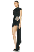 Black White Women Sexy Spandex Waist Diamond Bodycon Draped Mini Dress Nightclub Party Celebrate Cocktail Fashion Dress