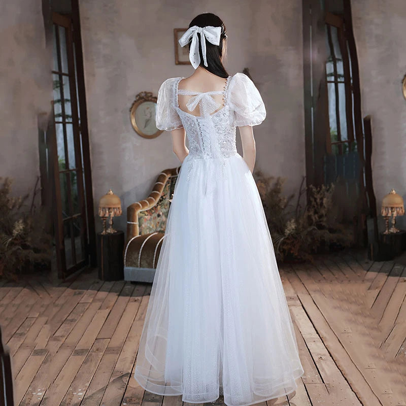 Vestidos de novia de lentejuelas de satén blanco de lujo francés para novia elegante Sexy ajustado manga abombada vestido largo para fiesta de graduación Vestidos de mujer