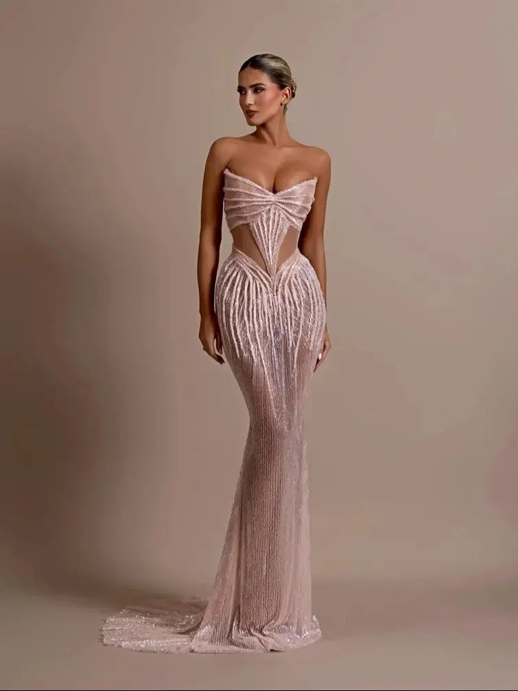 Shining Sequin Sexy Mesh See Through Strapless Ankle Length Dress Woman Evening Party Dress Celebrity Party Vestido As picture