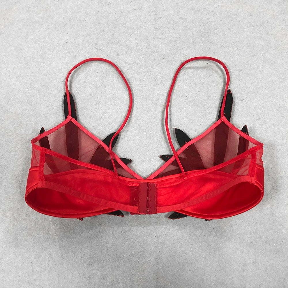 Sexy Women'S Chiffon Patchwork Satin Diamond Studded Bra Top Spaghetti Strap Sleeveless Concealed Button Ultra Short Top Red