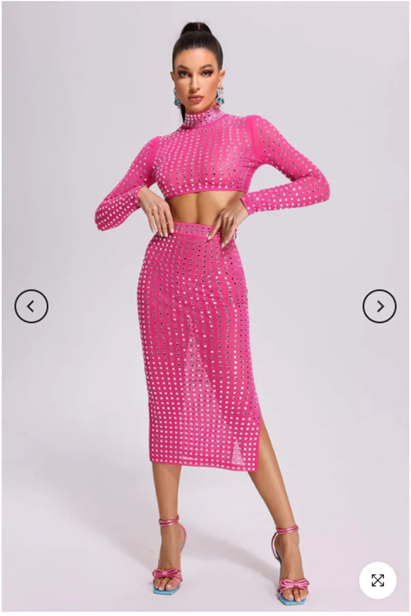 Sparkling square Diamonds Sexy Mesh See Through Top And Skirt Woman Fashion Set High Street Wear Evening Party Outfit