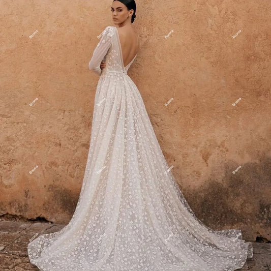 Elegante A-Linie-Brautkleider Deep v Neck Langarm Bridals Partykleider mit Zugbräute Abendkleider für Frauen