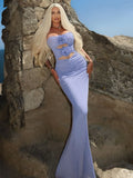 Summer New Light Purple Strapless Flower Bloom Midi Dress Sexy Spicy Girl Style Hollow Out Ruched Dress for Women