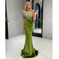 Green Velvet Mermaid Evening Dress Sleeveless Sequined Appliques High Neck Sexy Gowns Custom For Women As Picture