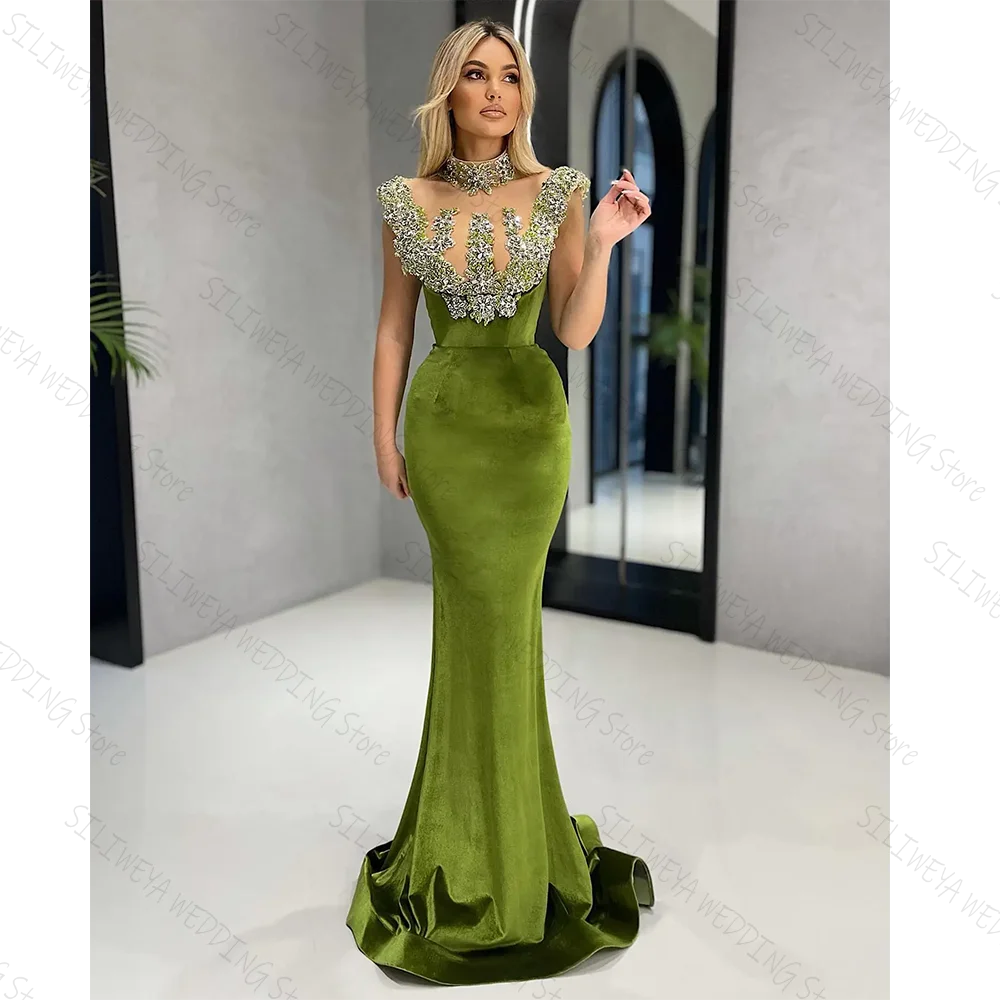 Green Velvet Mermaid Evening Dress Sleeveless Sequined Appliques High Neck Sexy Gowns Custom For Women As Picture
