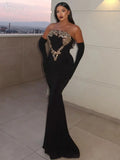 Glamorous Black Strapless Mermaid Dress with Crystal Embellishments for Gala Events Evening Gown