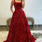 Burgundy Evening Dresses Sequined Sparkly Bling Scoop Neck Strap Long with Pockets Formal Party Prom Gowns Women Elegant